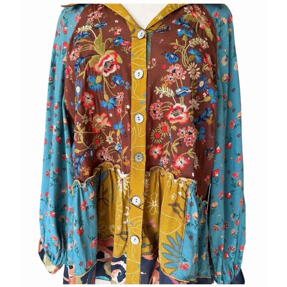 John Mark Mixed Media Floral Peasant Blouse XL Patchwork Boho Tunic NWT Eclectic - Picture 3 of 16